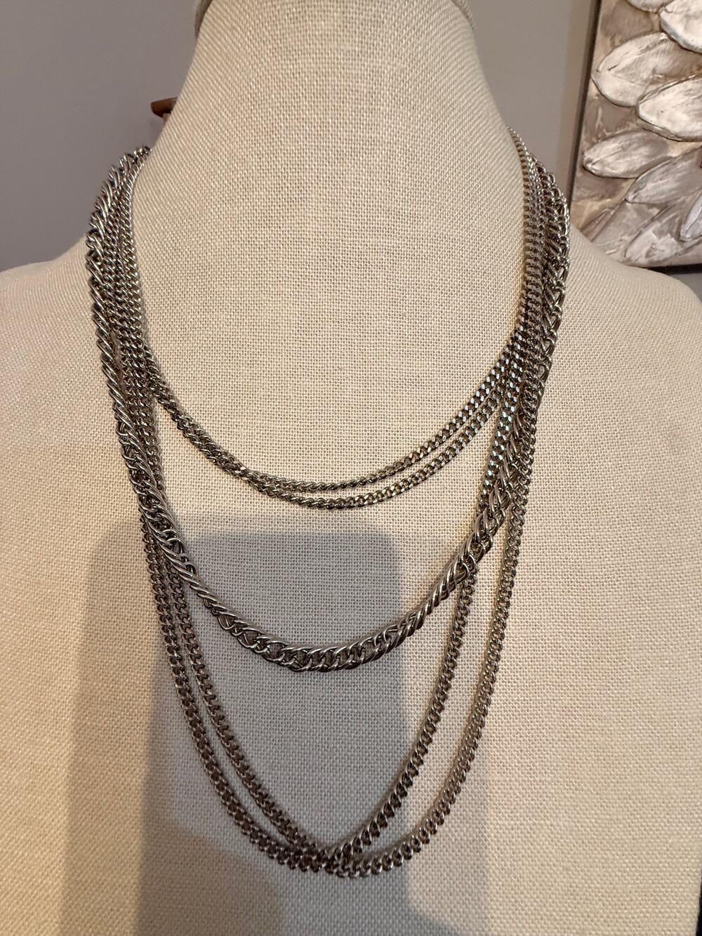 Vintage Silver Tone Multi Strand Chain Necklace 18-24”
